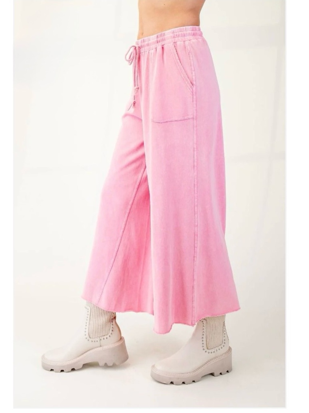 New: Easel Feeling Good Pink Drawstring Waist Terry Knit Wide Leg Pants• Medium - Picture 3 of 5
